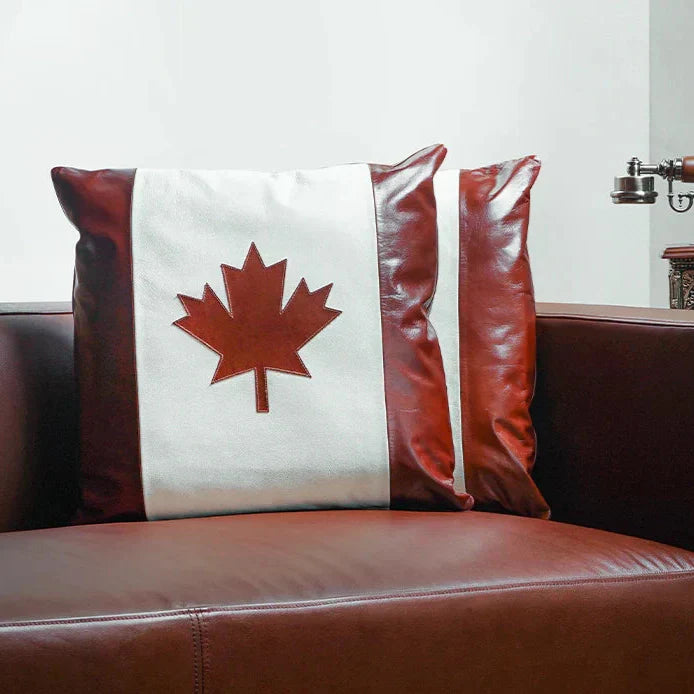 Premium Handmade Genuine Leather Cushion – Canada Flag Design