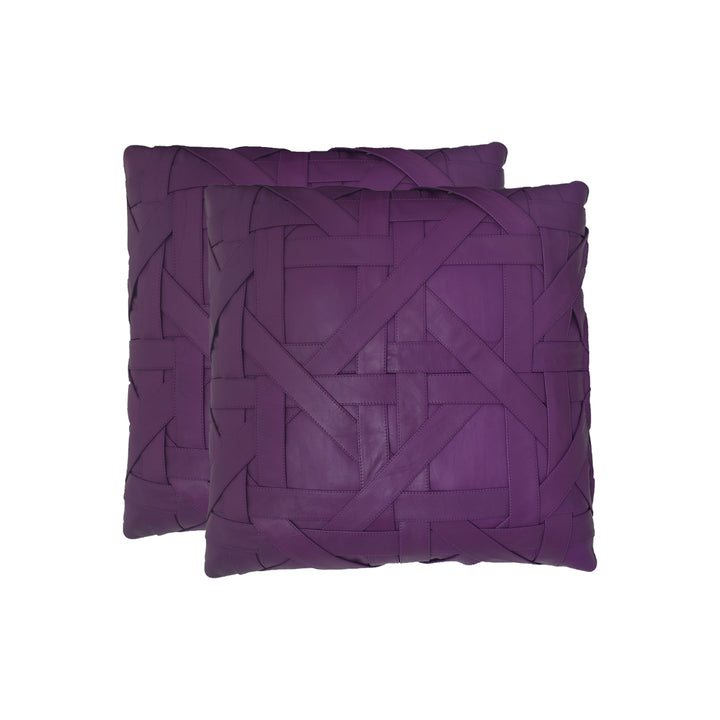 Two purple woven patterned cushions on a white background