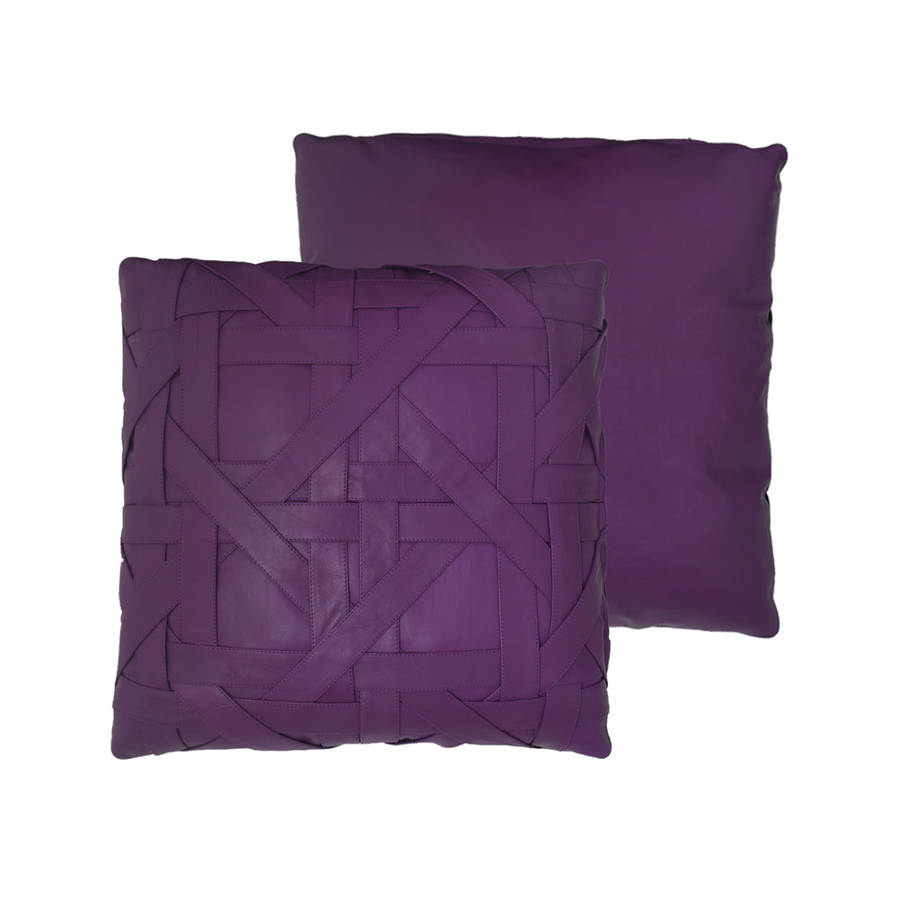 Two purple pillows, one woven and one solid, on a white background