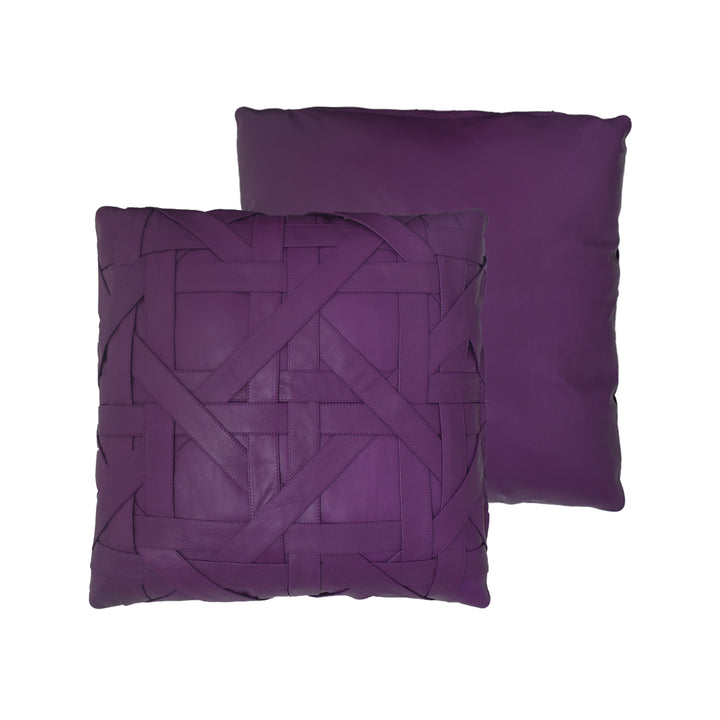 Two purple pillows, one woven and one solid, on a white background
