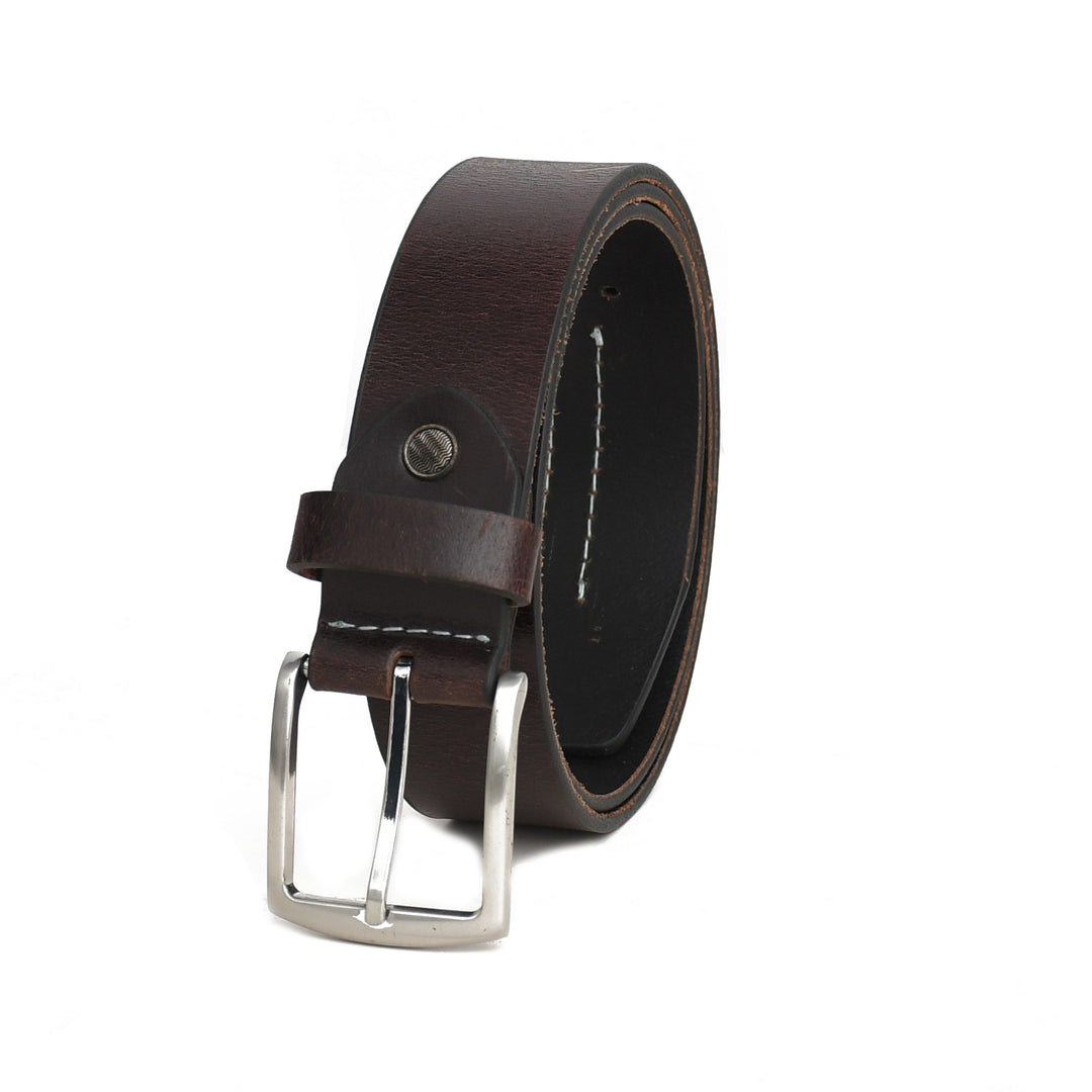 Brown leather belt with a silver buckle on a white background