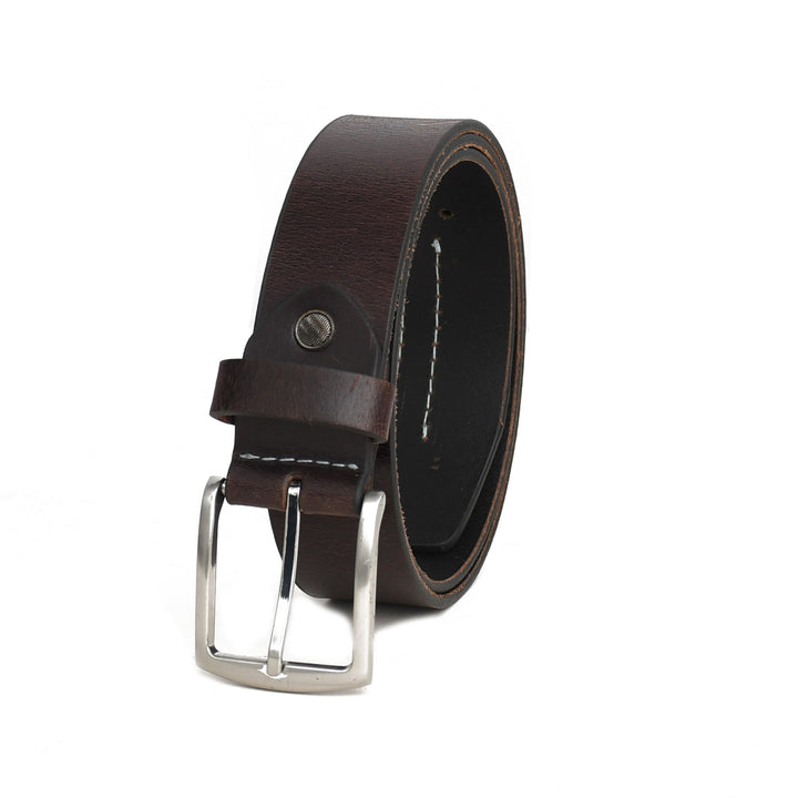 Brown leather belt with a silver buckle on a white background
