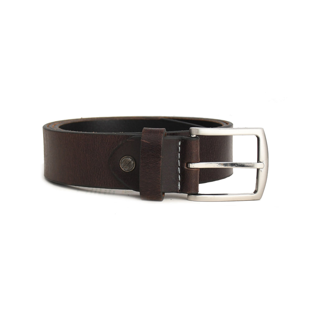 Brown leather belt with silver buckle on a white background
