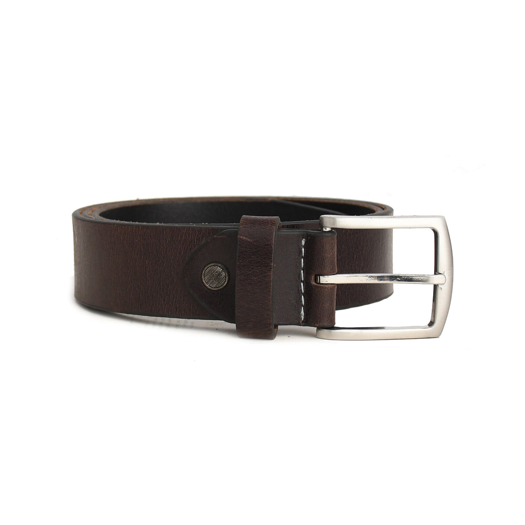 Brown leather belt with silver buckle on a white background