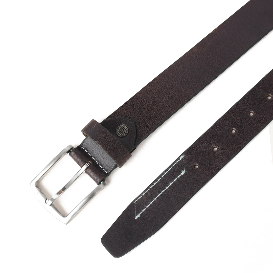 Brown leather belt with a silver buckle on a white background