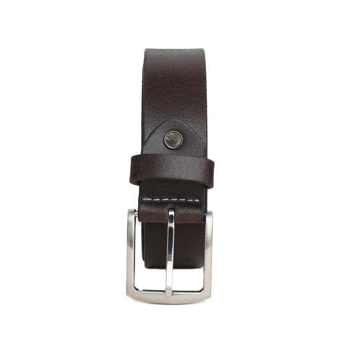 Brown leather belt with silver buckle on a white background