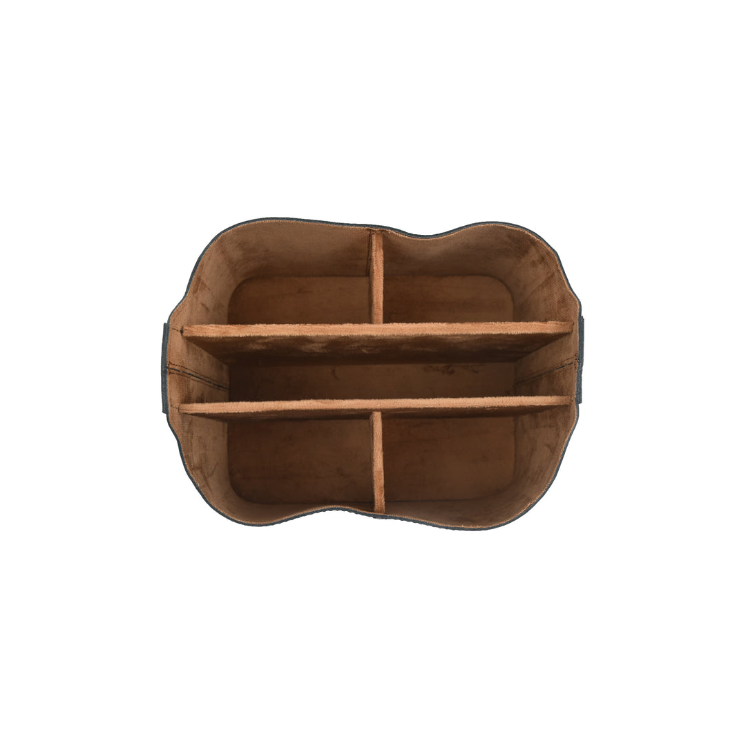 Leather desk organizer with multiple compartments on a white background