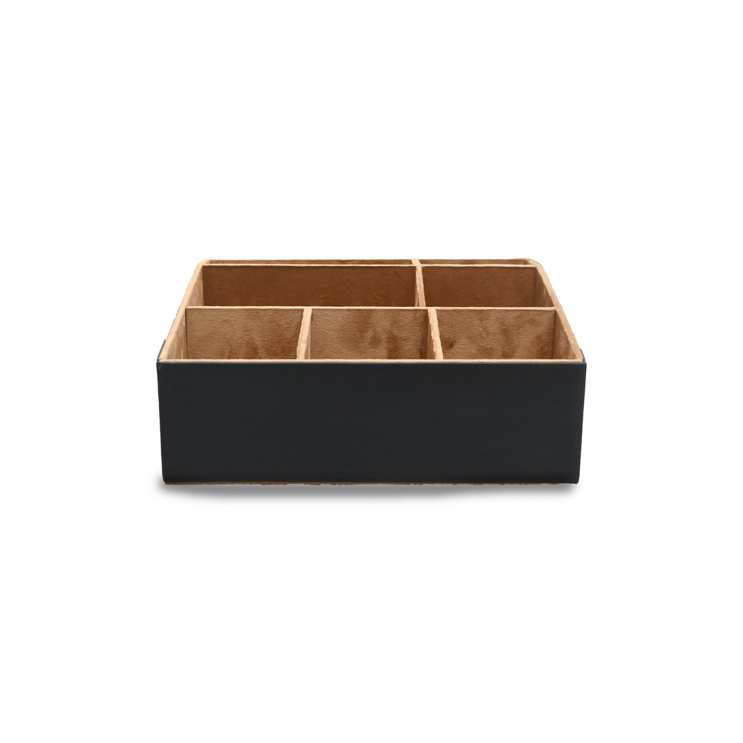 Black and leather compartmentalized storage organizer on a white background