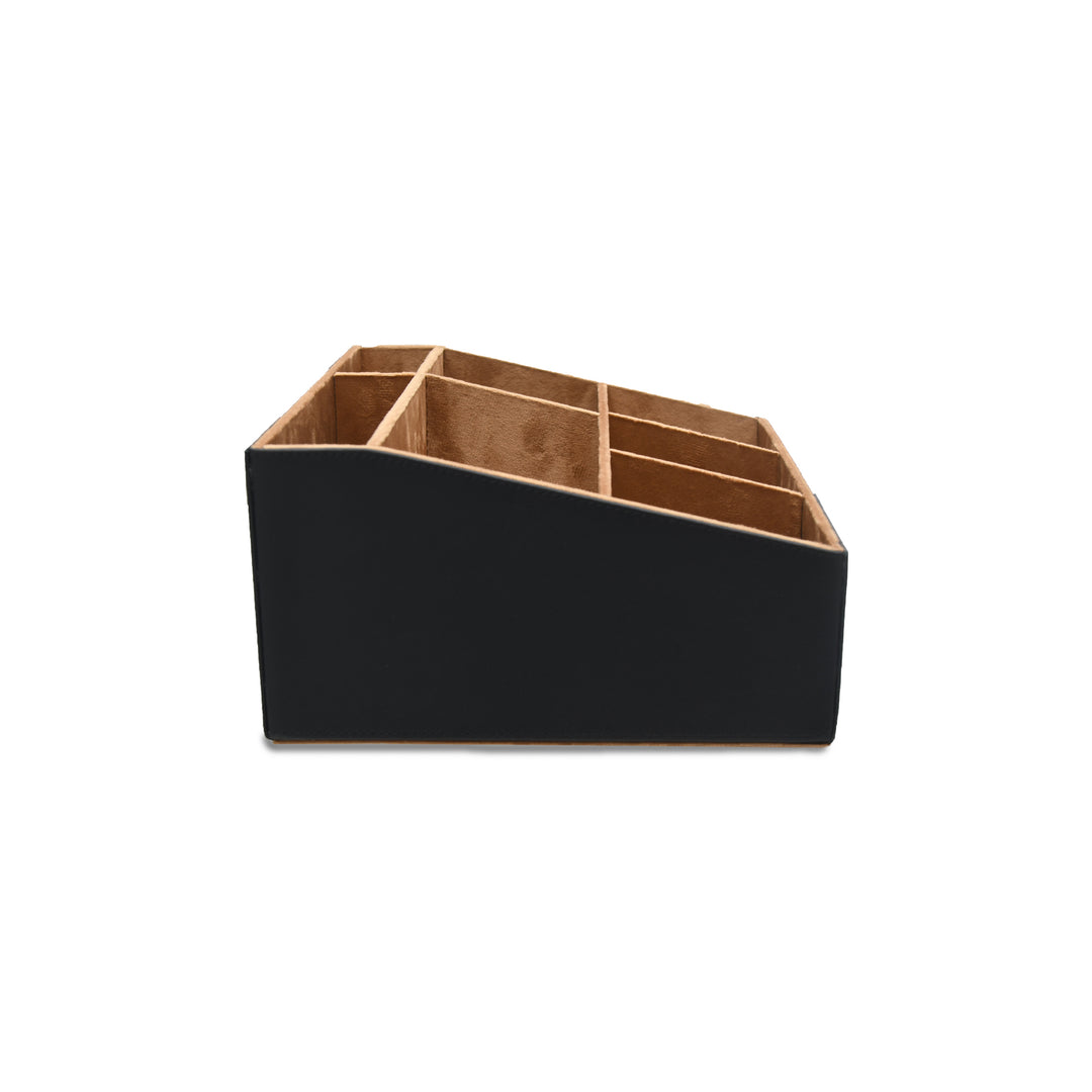 Black and leather desk organizer on a white background