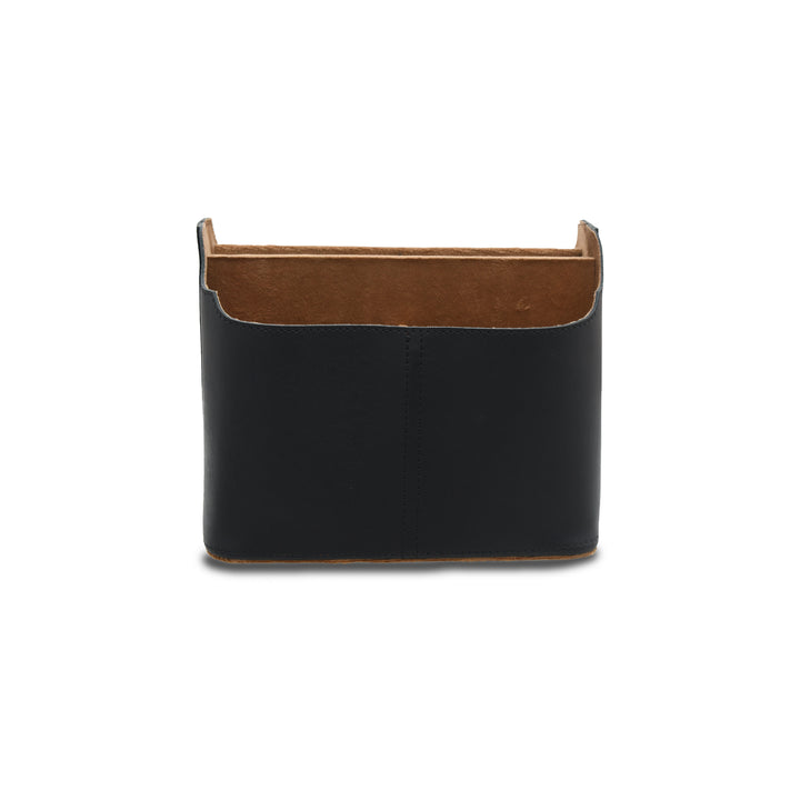 Black and brown curved organizer on a white background