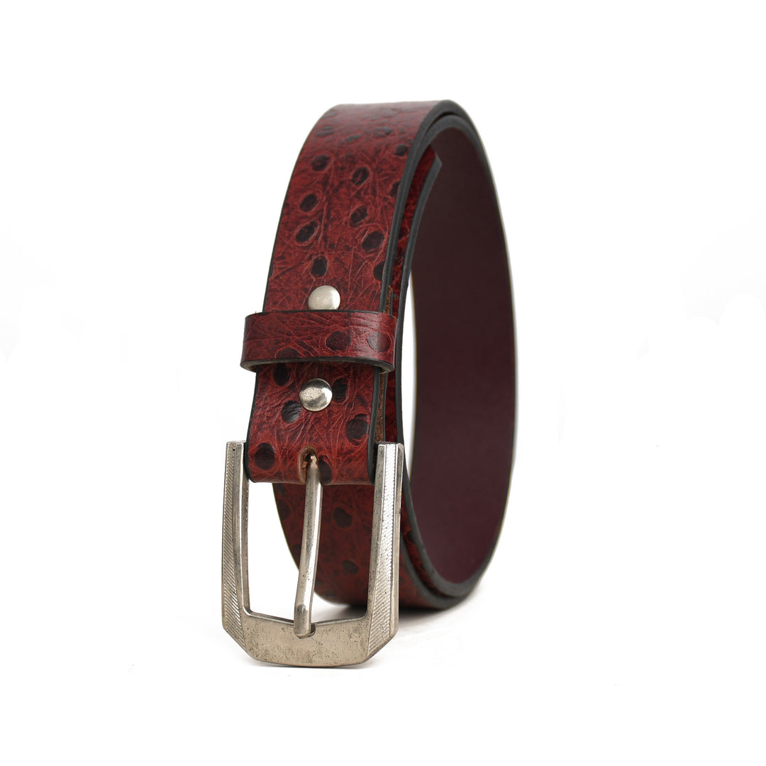 Brown leather belt with a silver buckle on a white background