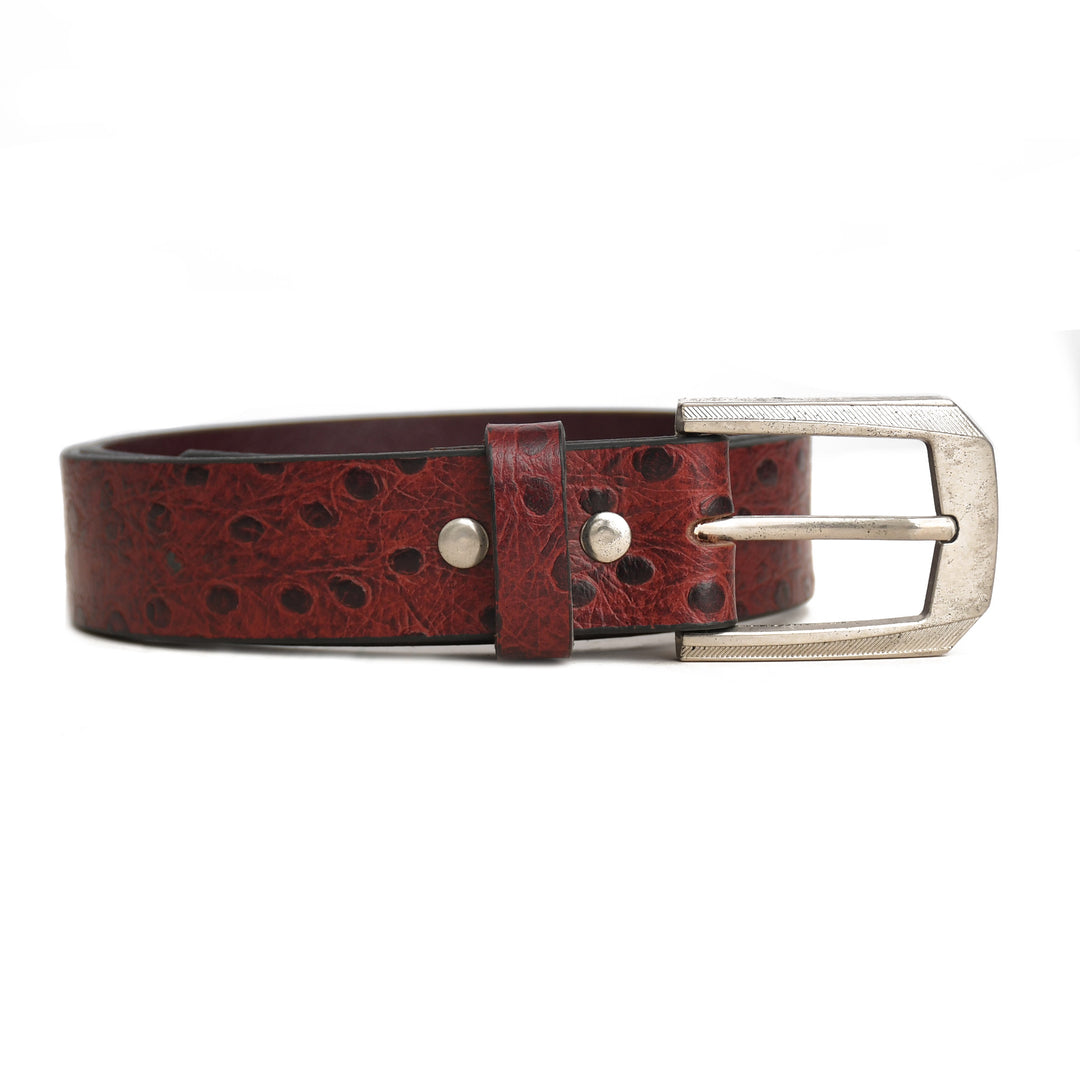 Brown leather belt with a silver buckle on a white background