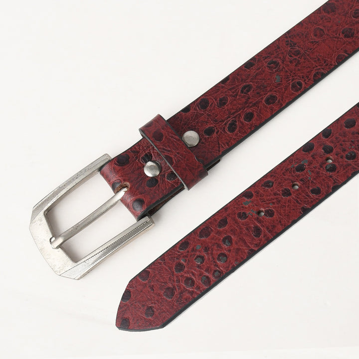 Red leather belt with a silver buckle on a white background