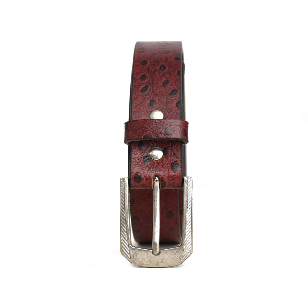 Brown leather belt with silver buckle on a white background