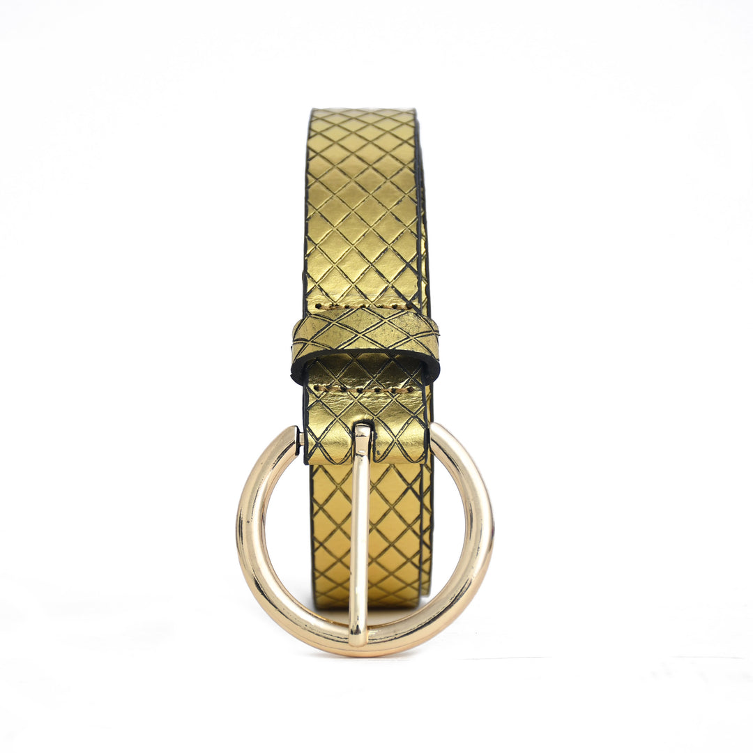 Gold woven belt with a gold buckle on a white background