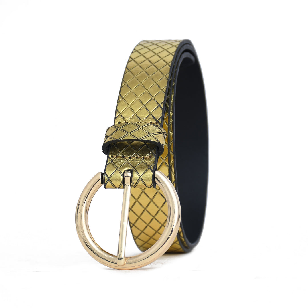 Gold woven belt with a gold ring buckle on a white background