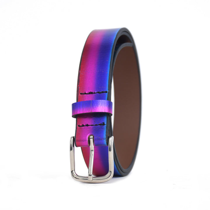 Multicolored leather belt with a metallic buckle on a white background