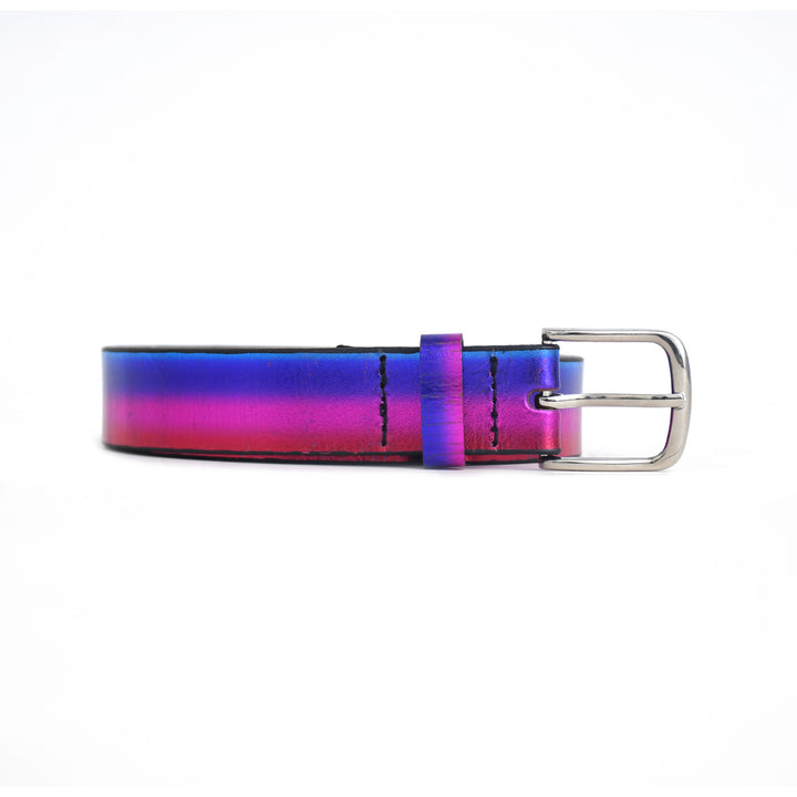 Multicolored belt with a silver buckle on a white background