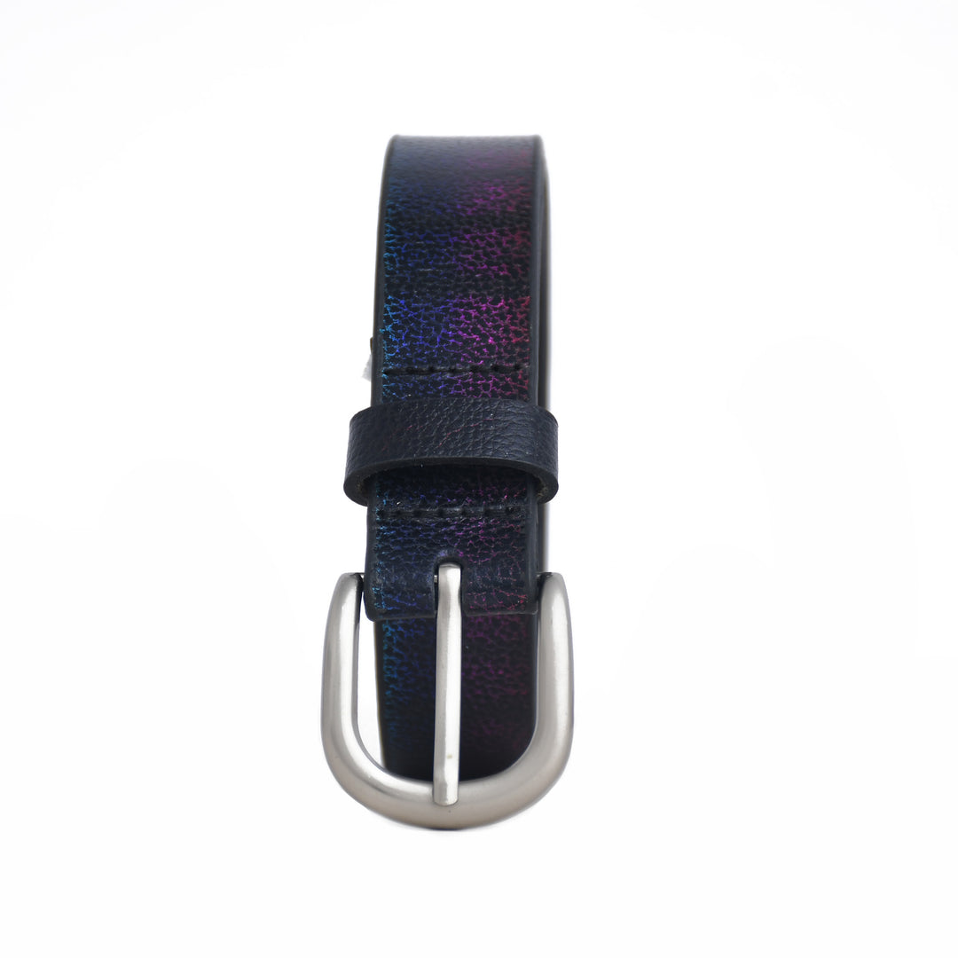 Black leather belt with a silver buckle on a white background