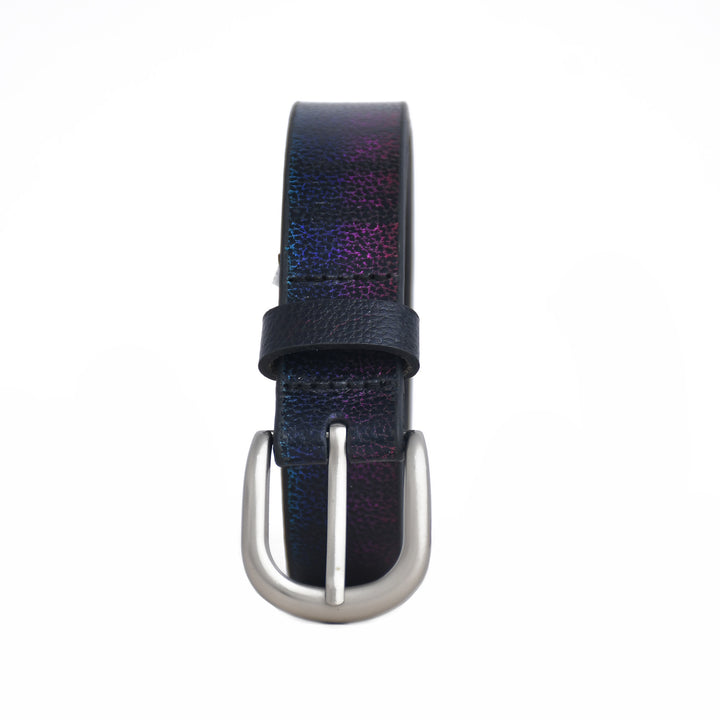 Black leather belt with a silver buckle on a white background