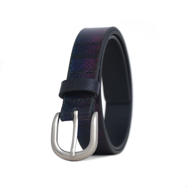 Black leather belt with a silver buckle on a white background