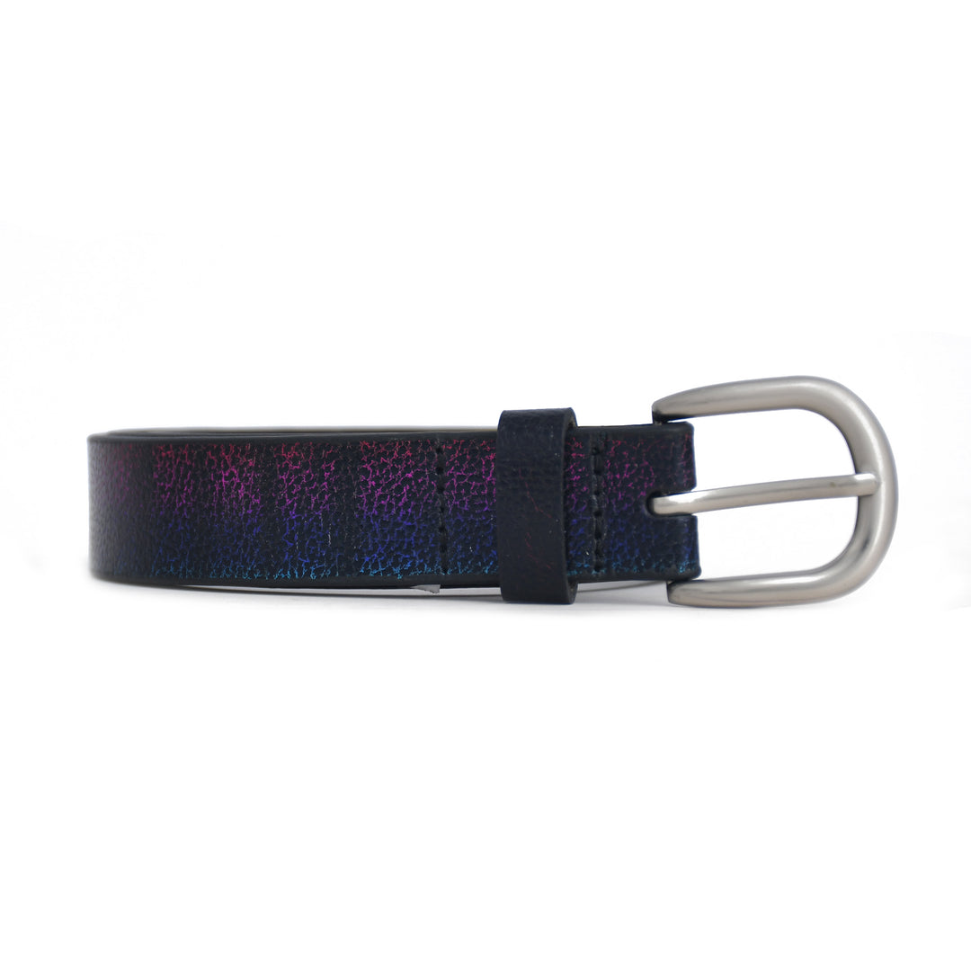 Navy and purple checkered belt with a silver buckle on a white background