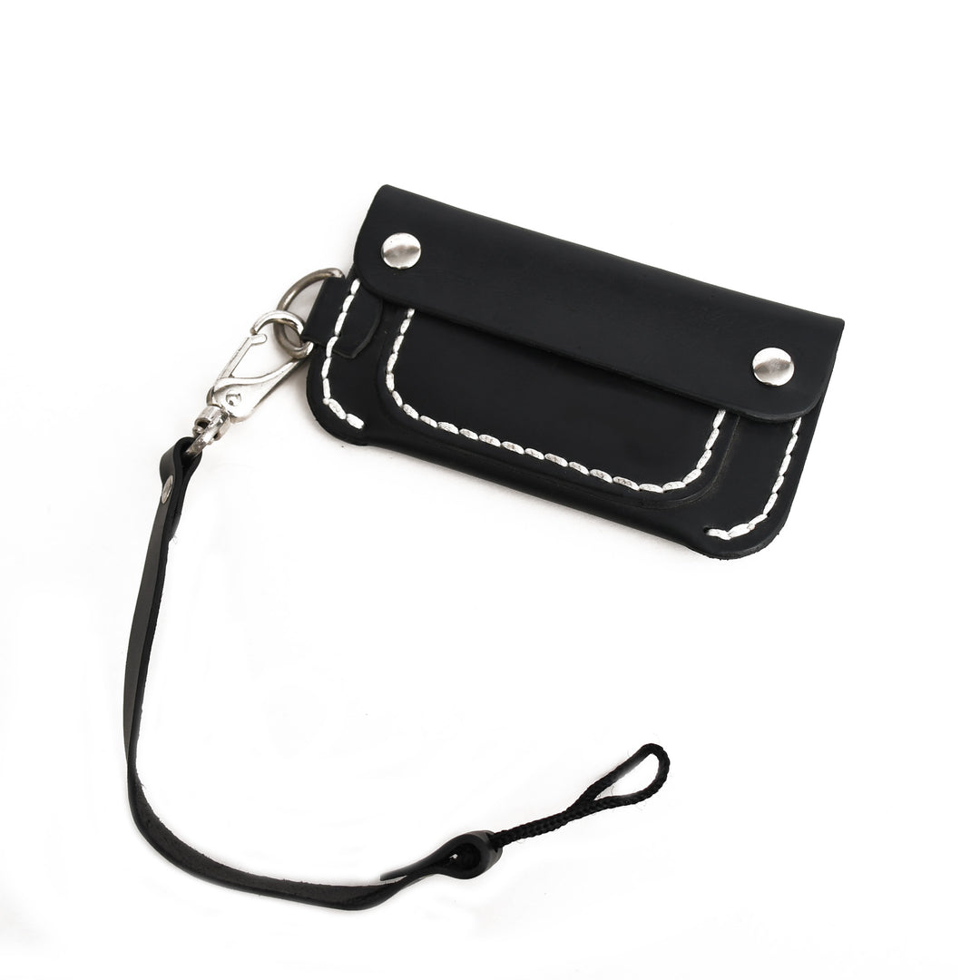 Black leather wallet with white stitching and a strap on a white background