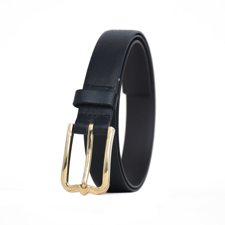 Black leather belt with a gold buckle on a white background