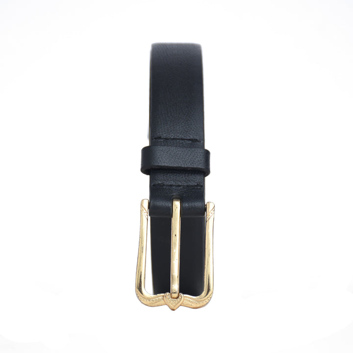 Black belt with a gold buckle on a white background