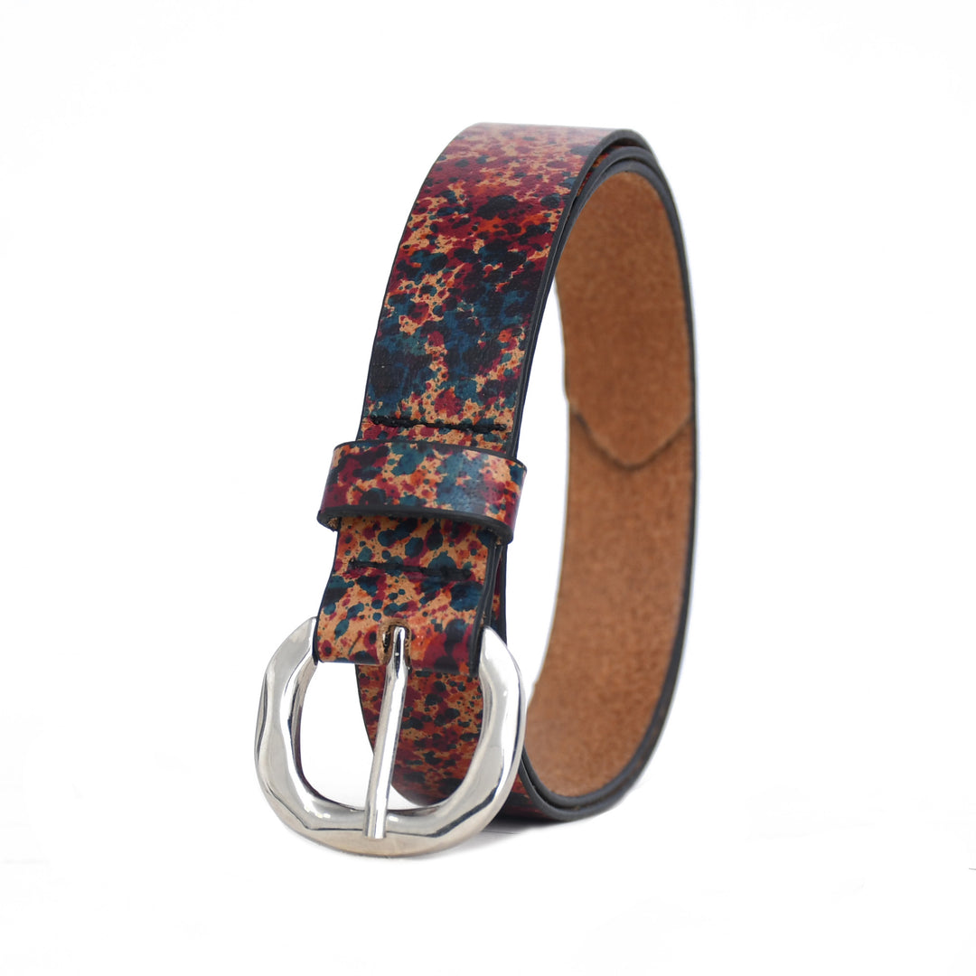 Belt with a multicolored pattern and silver buckle on a white background