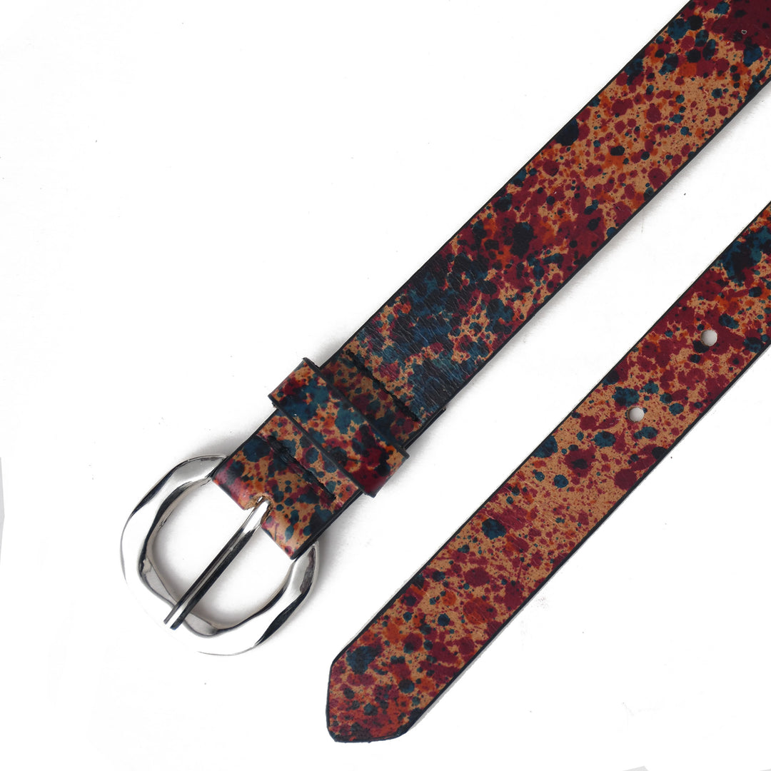 Patterned belt with a silver buckle on a white background