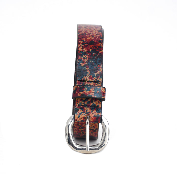 Multicolored patterned belt with a silver buckle on a white background