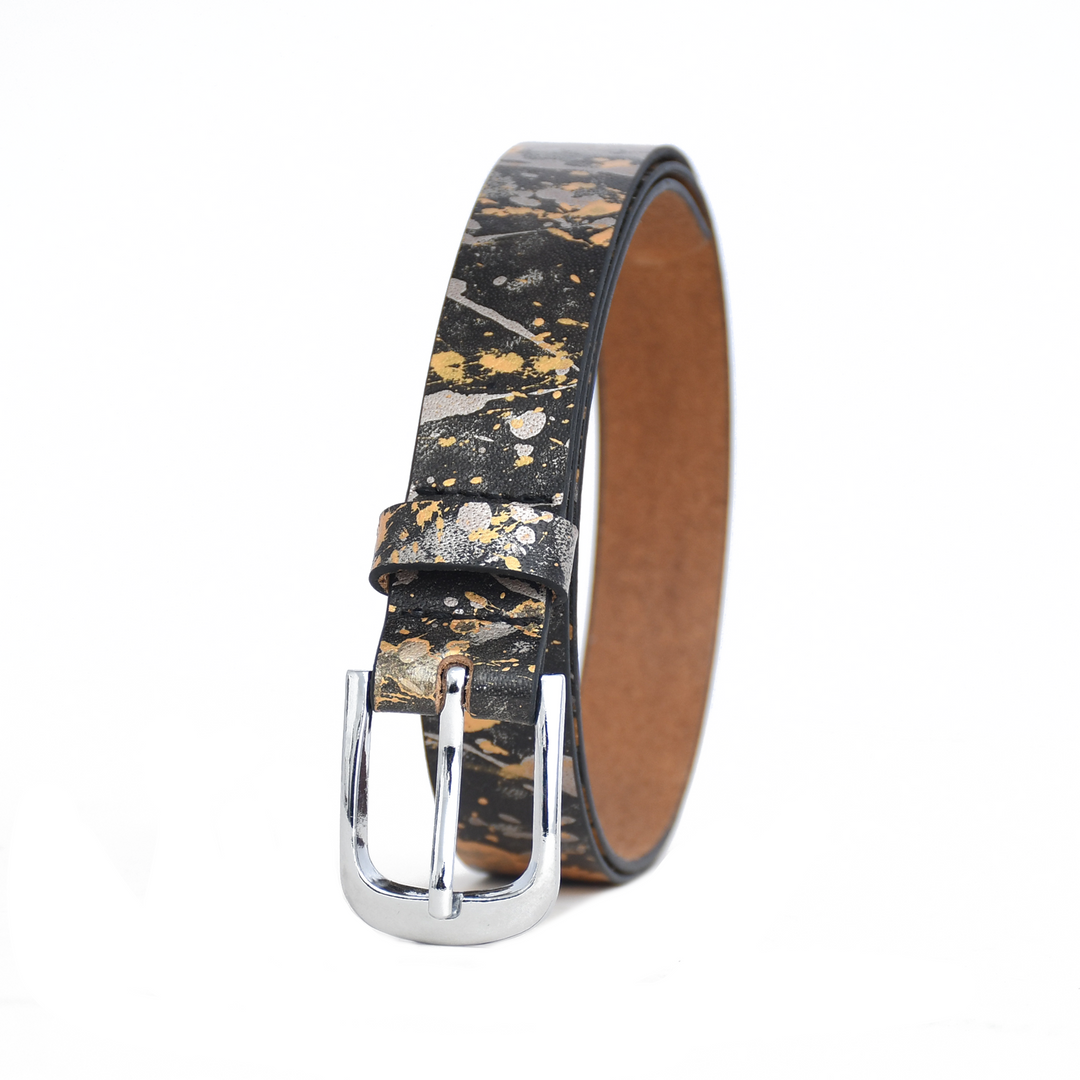 Belt with a unique patterned strap and silver buckle on a white background