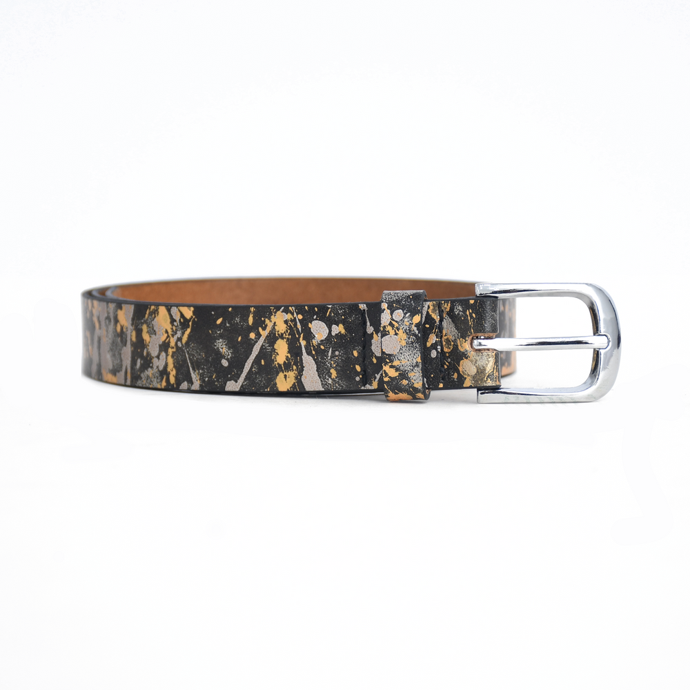 Leather belt with abstract pattern and silver buckle on a white background