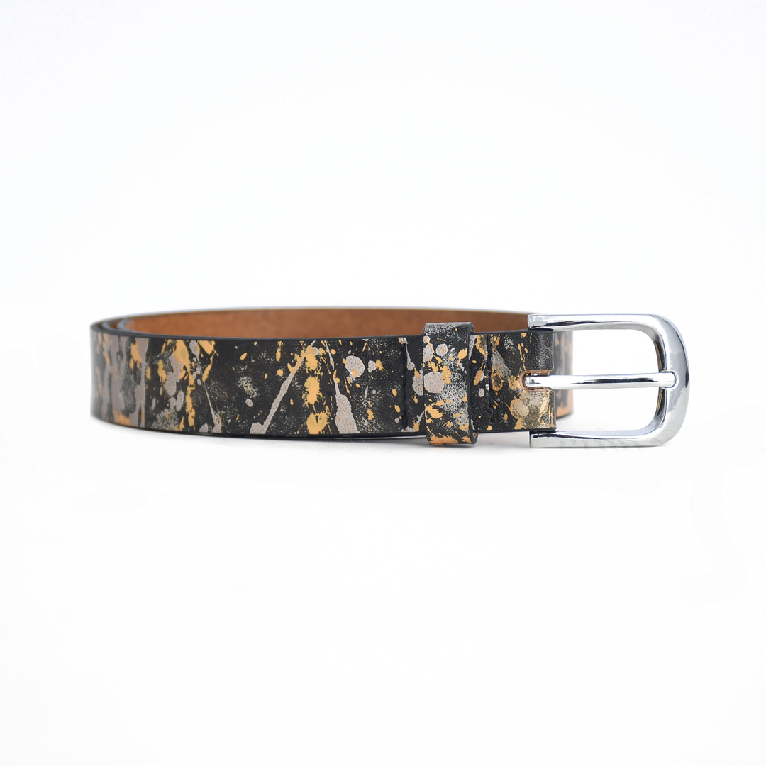 Leather belt with abstract pattern and silver buckle on a white background