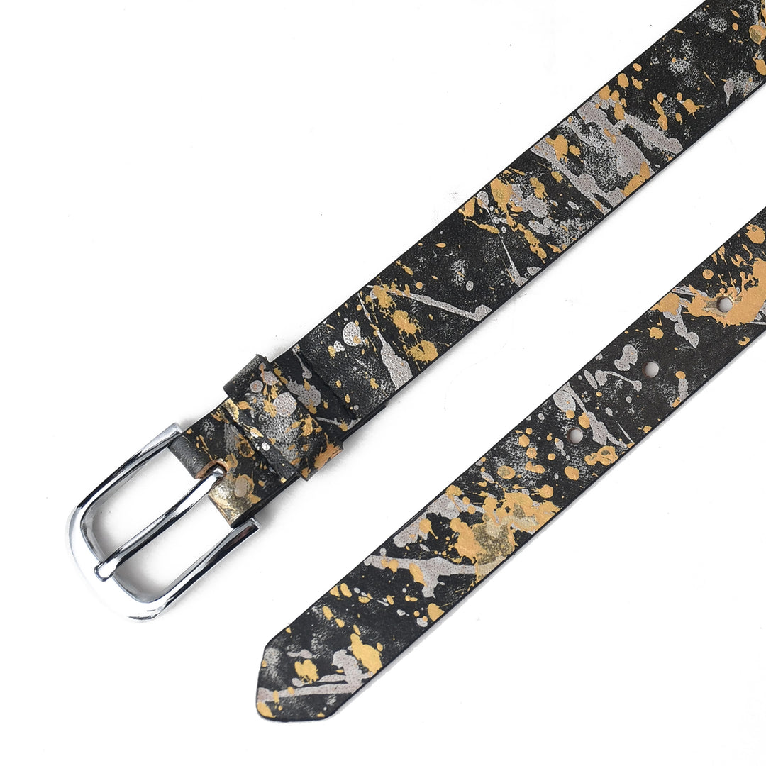 Patterned belt with a silver buckle on a white background