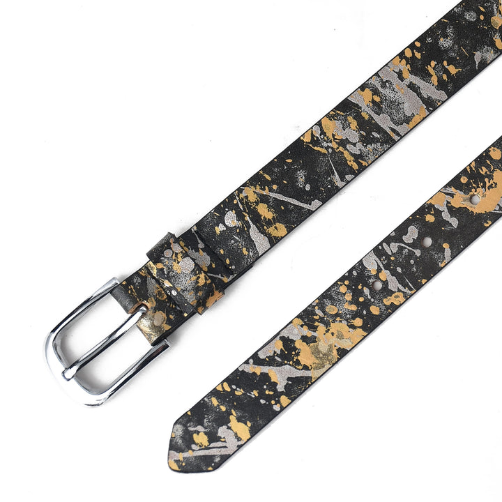 Patterned belt with a silver buckle on a white background