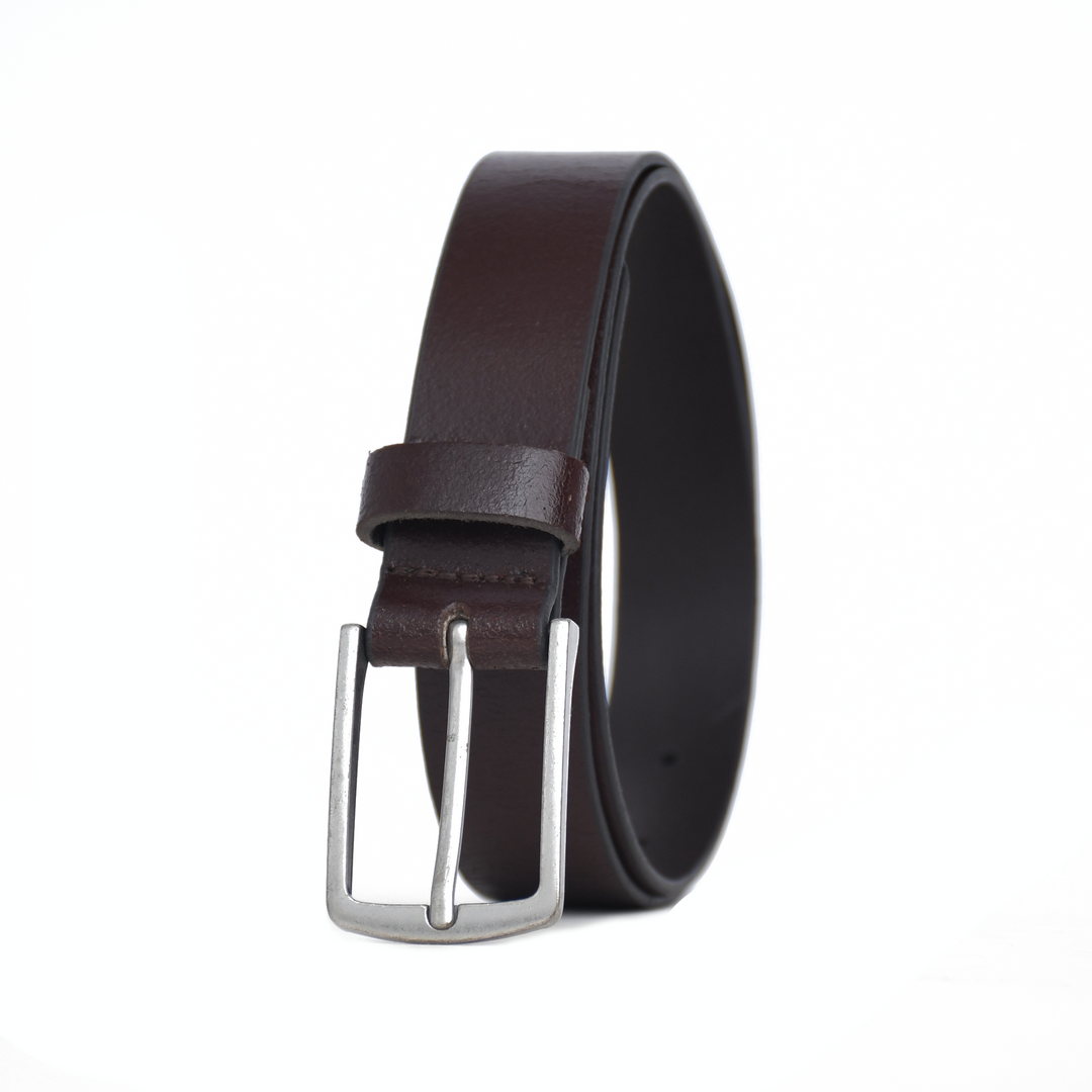 Brown leather belt with a silver buckle on a white background