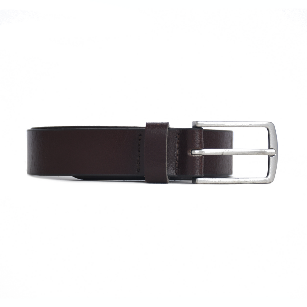 Brown leather belt with a silver buckle on a white background