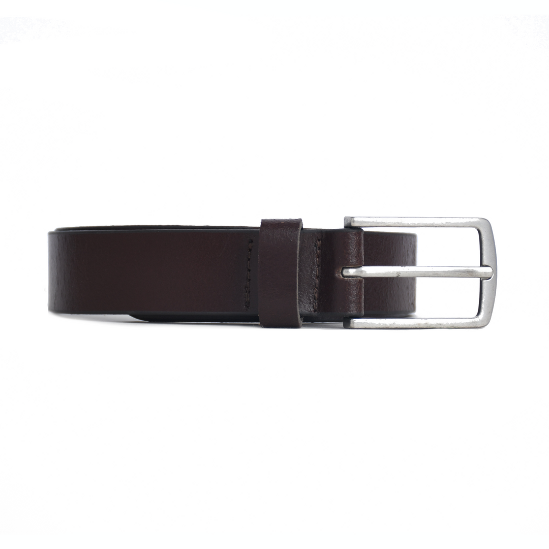 Brown leather belt with a silver buckle on a white background