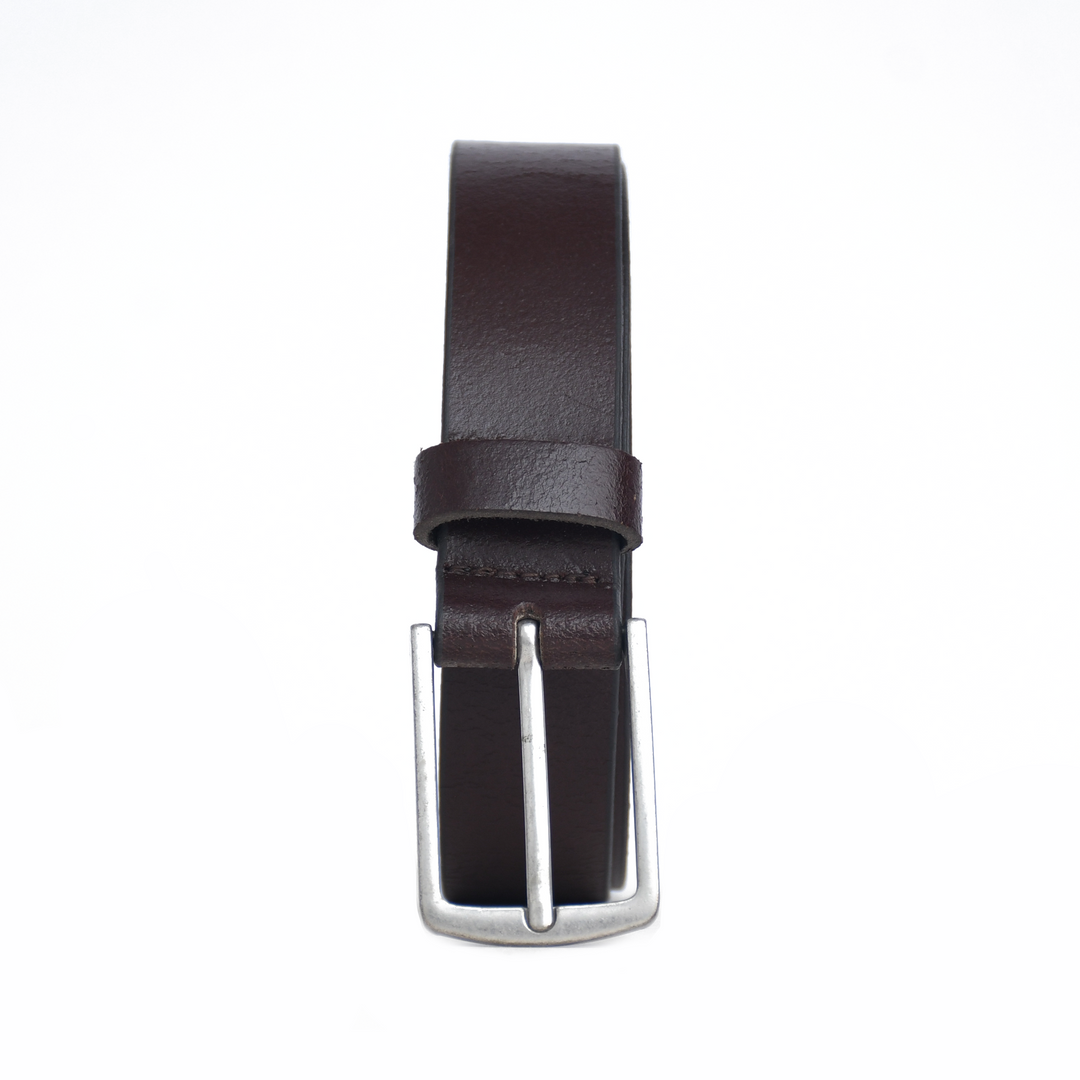 Brown leather belt with silver buckle on a white background