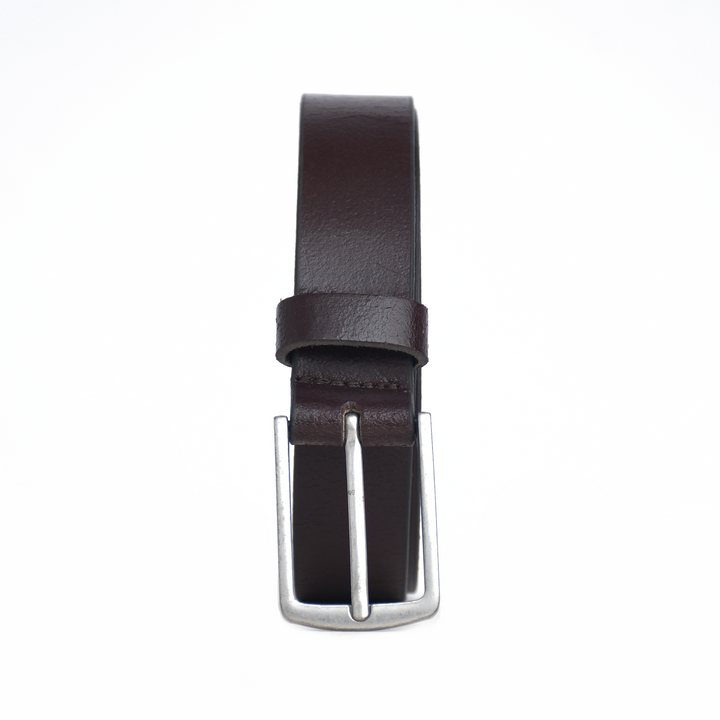 Brown leather belt with silver buckle on a white background