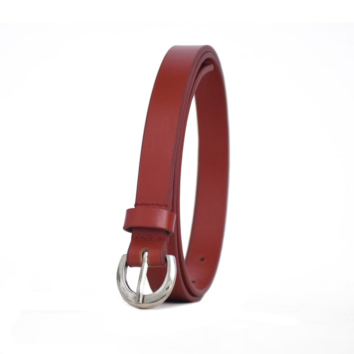 Red belt with a silver buckle on a white background