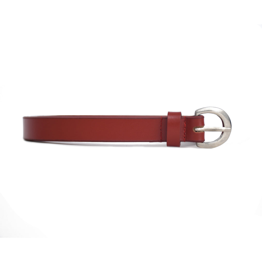 Red belt with a silver buckle on a white background