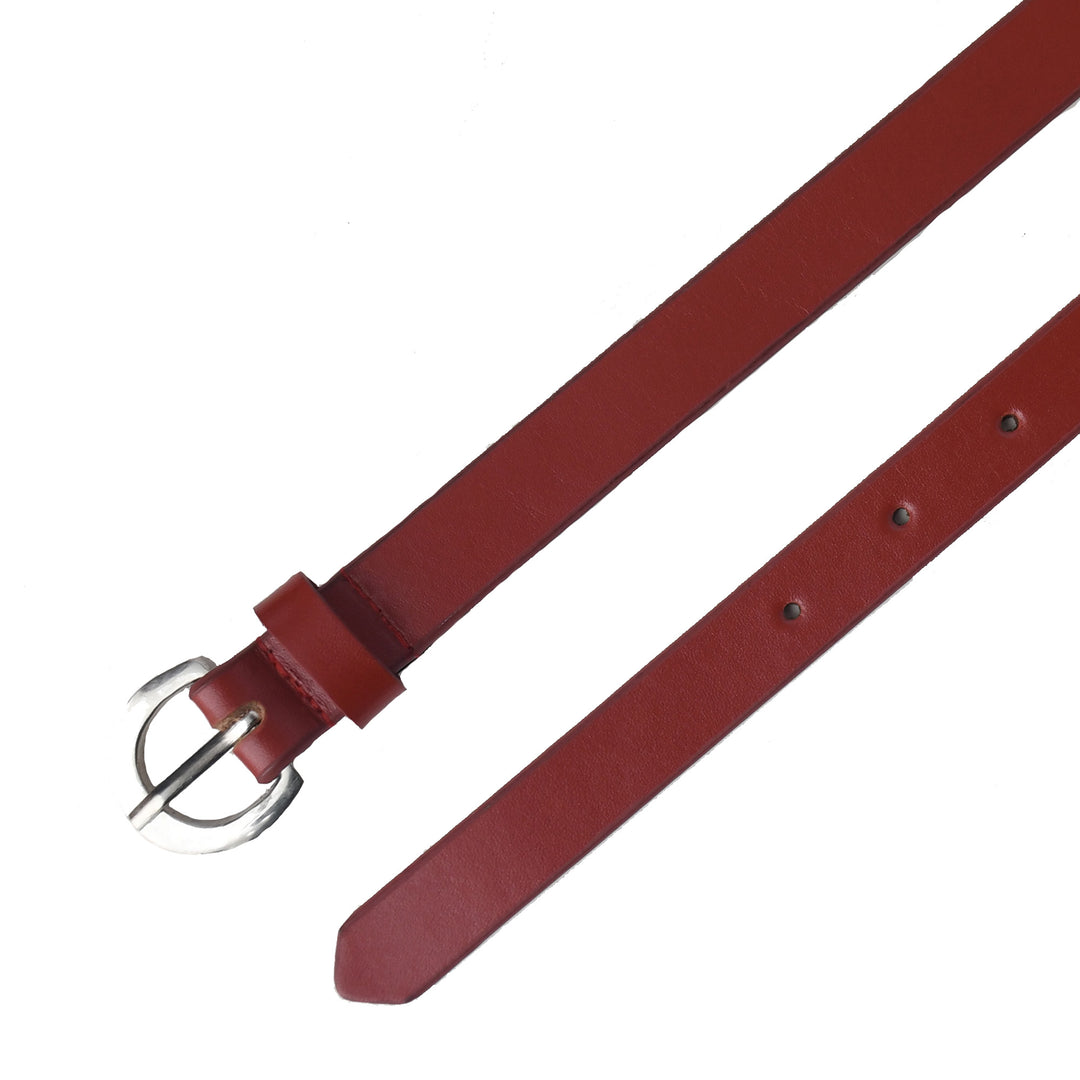 Red leather belt with a silver buckle on a white background
