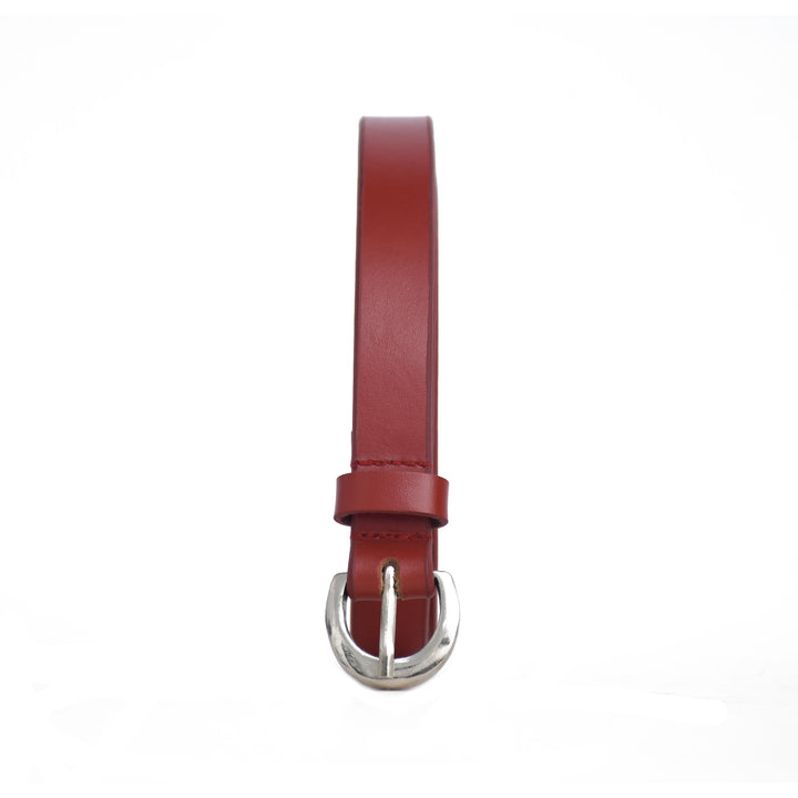 Red leather belt with a silver buckle on a white background