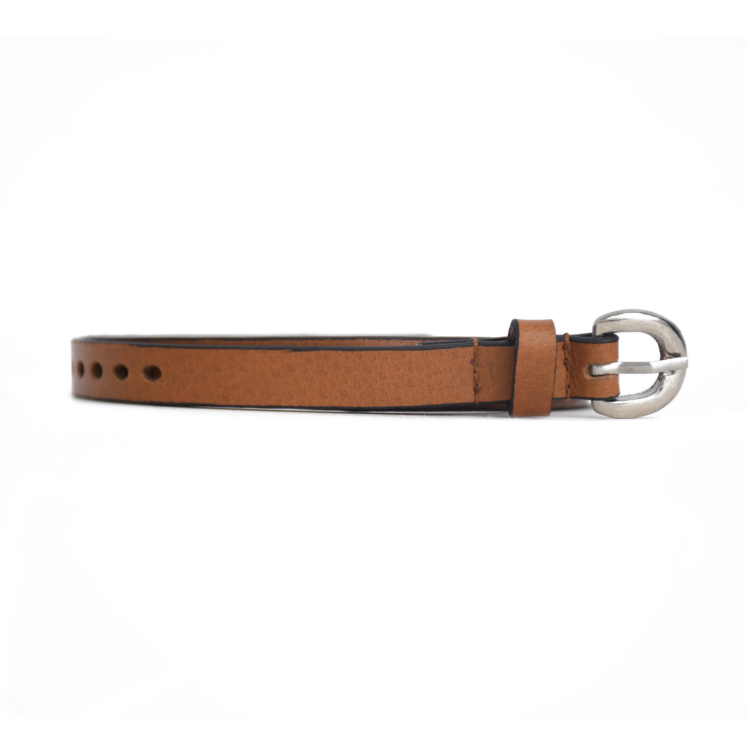 Brown leather belt with a silver buckle on a white background