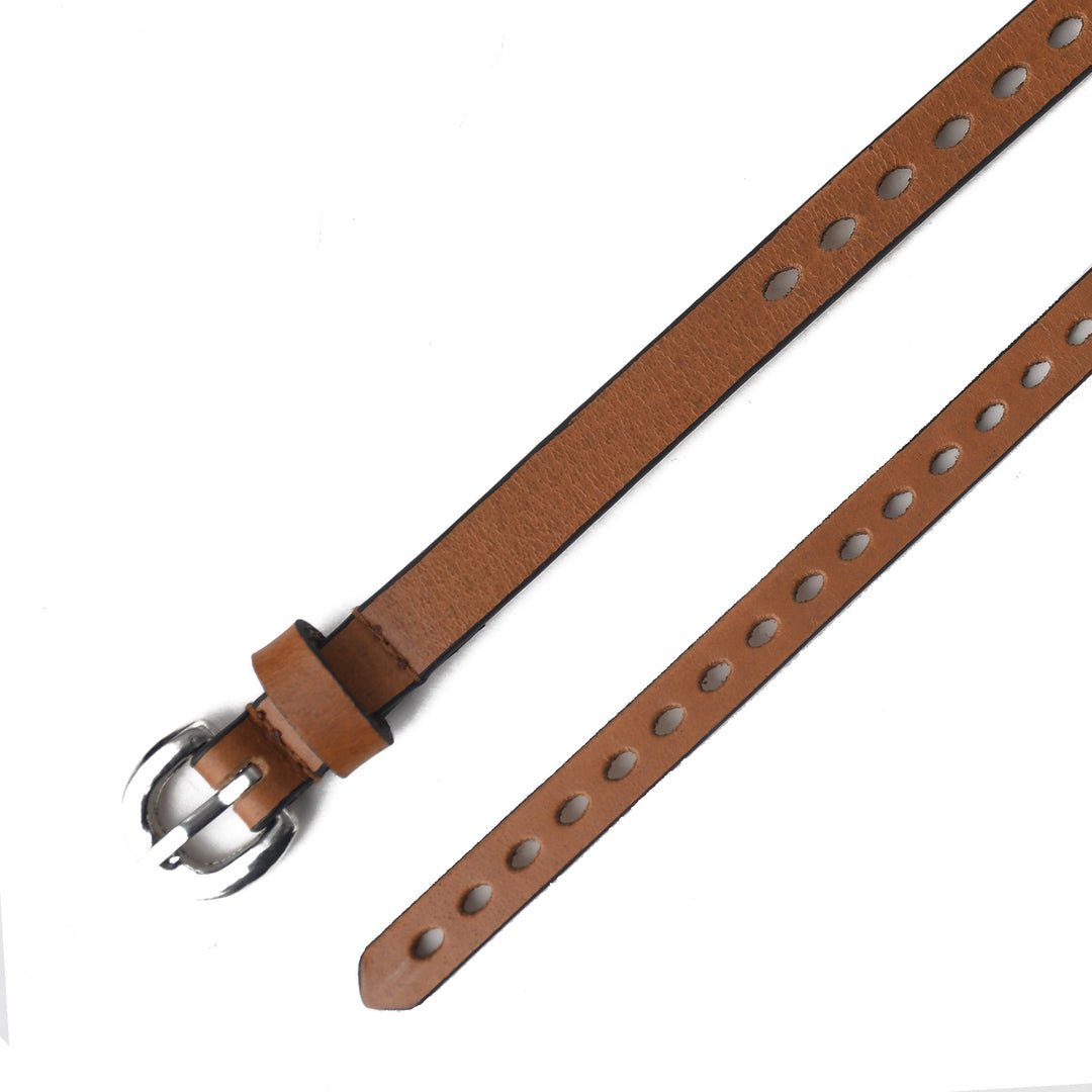 Brown leather belt with silver buckle on a white background