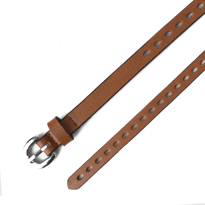 Brown leather belt with silver buckle on a white background