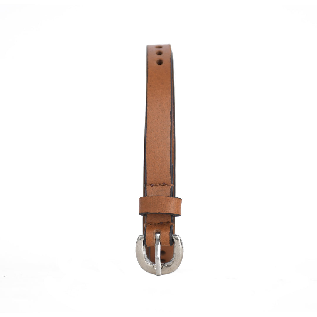 Brown leather belt with silver buckle on a white background